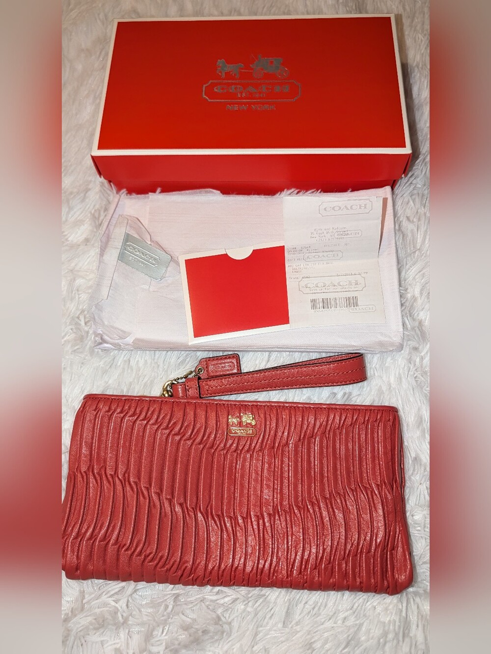 Coach Madison Gathered Leather Zip Clutch 46914 Original Receipt Box Orange VGUC
